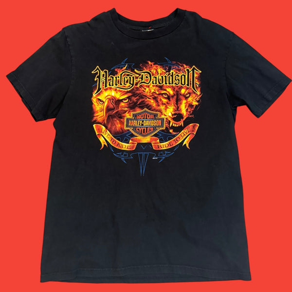 Harley Davison Eagle & Wolf Flame T-Shirt L